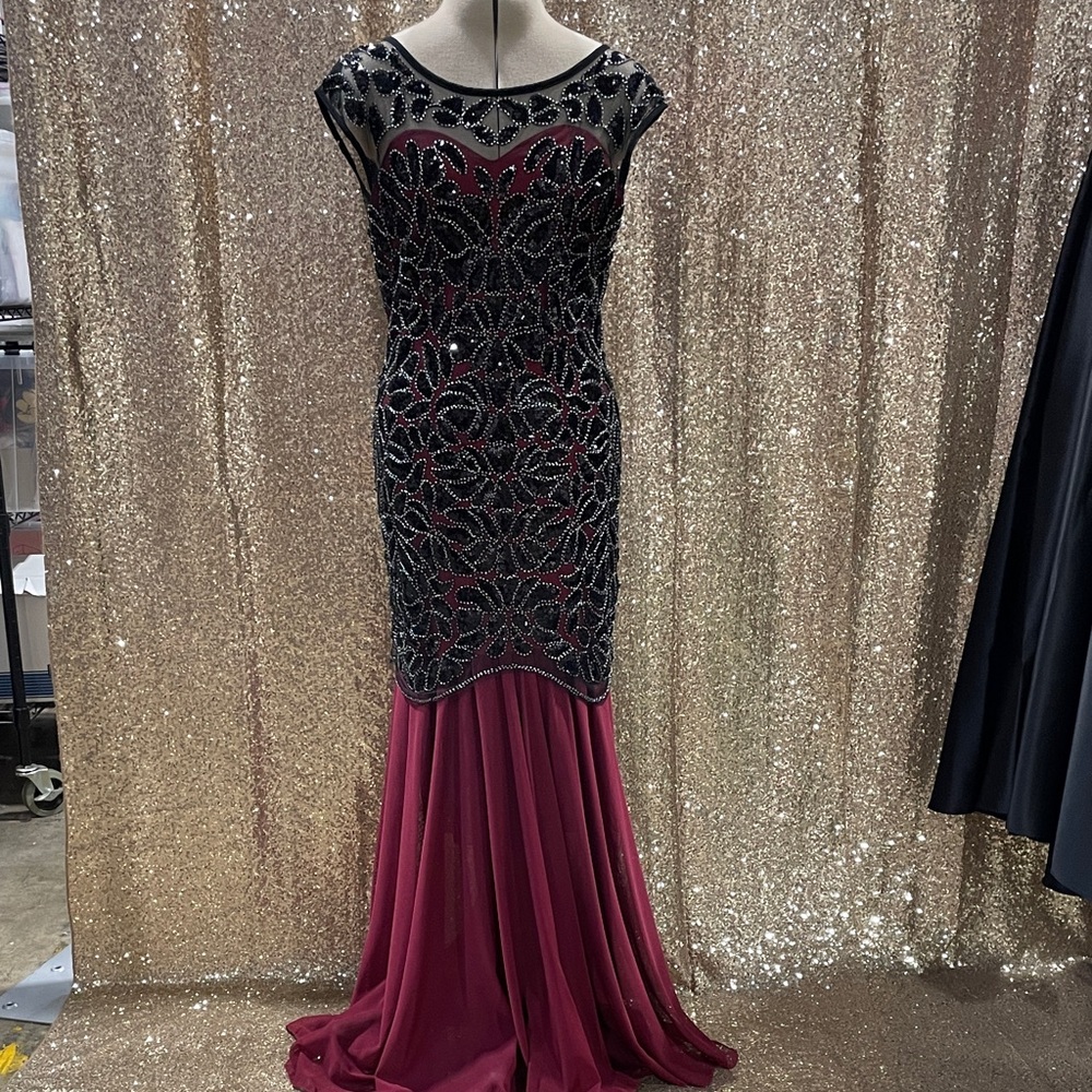 Elegant Black and Burgundy Evening Sequined and Beaded Gown